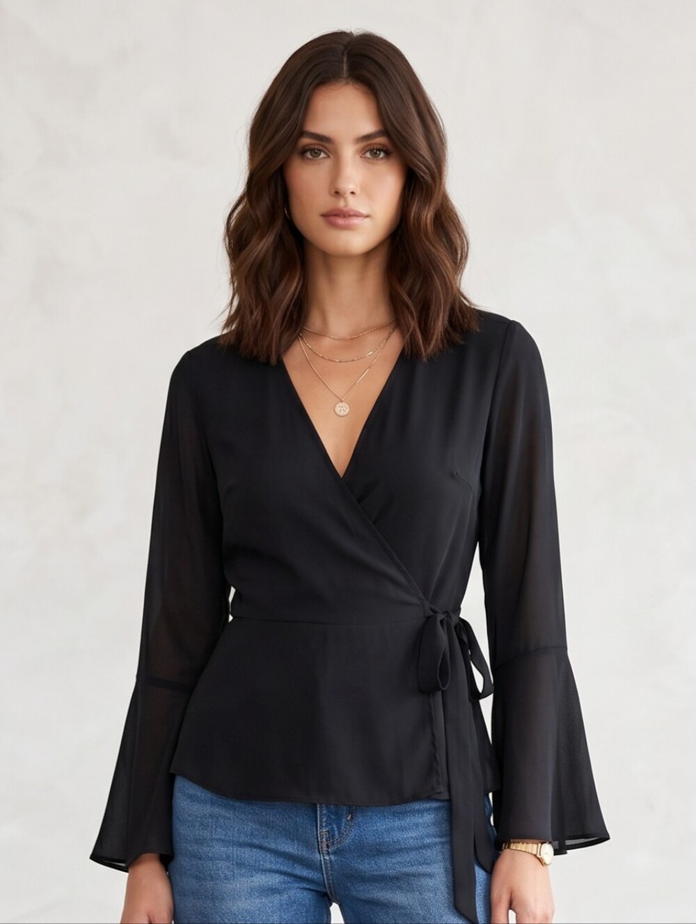 Ambiance Black Fitted Wrap Bell Sleeve Top Size Small